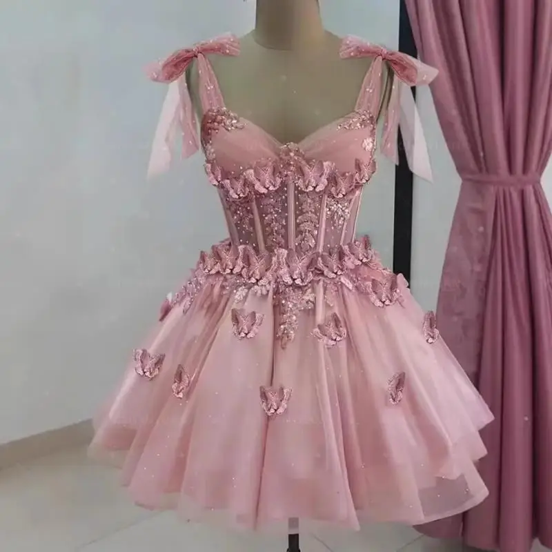 Three Dimensional Butterfly Flower Ball Dress For Teenagers Short Sequin Starry Sky Chiffon Lace Cocktail Party Dress Customized