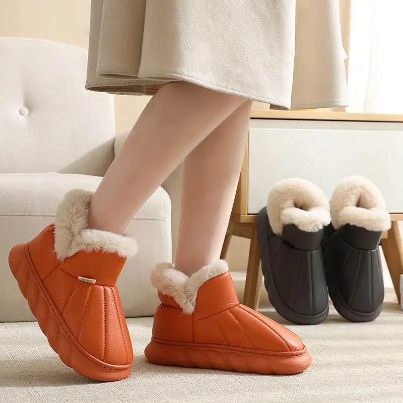 Thick Heeled Women Ankle Boots Waterproof PU Leather Cotton Shoes for Couples New Winter Anti Slip Warm Plush Furry Snow Boot