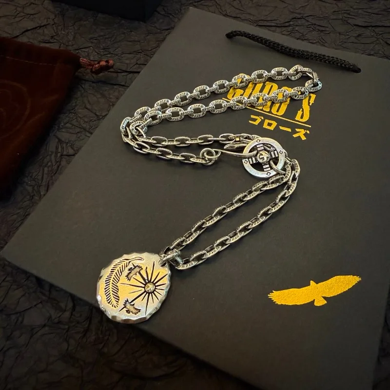 

Japan Tide Takahashi Goros Vintage Silver Engraved Medal Pendant Classic Necklace Fashion Couple Versatile Hip-hop Rock Punk