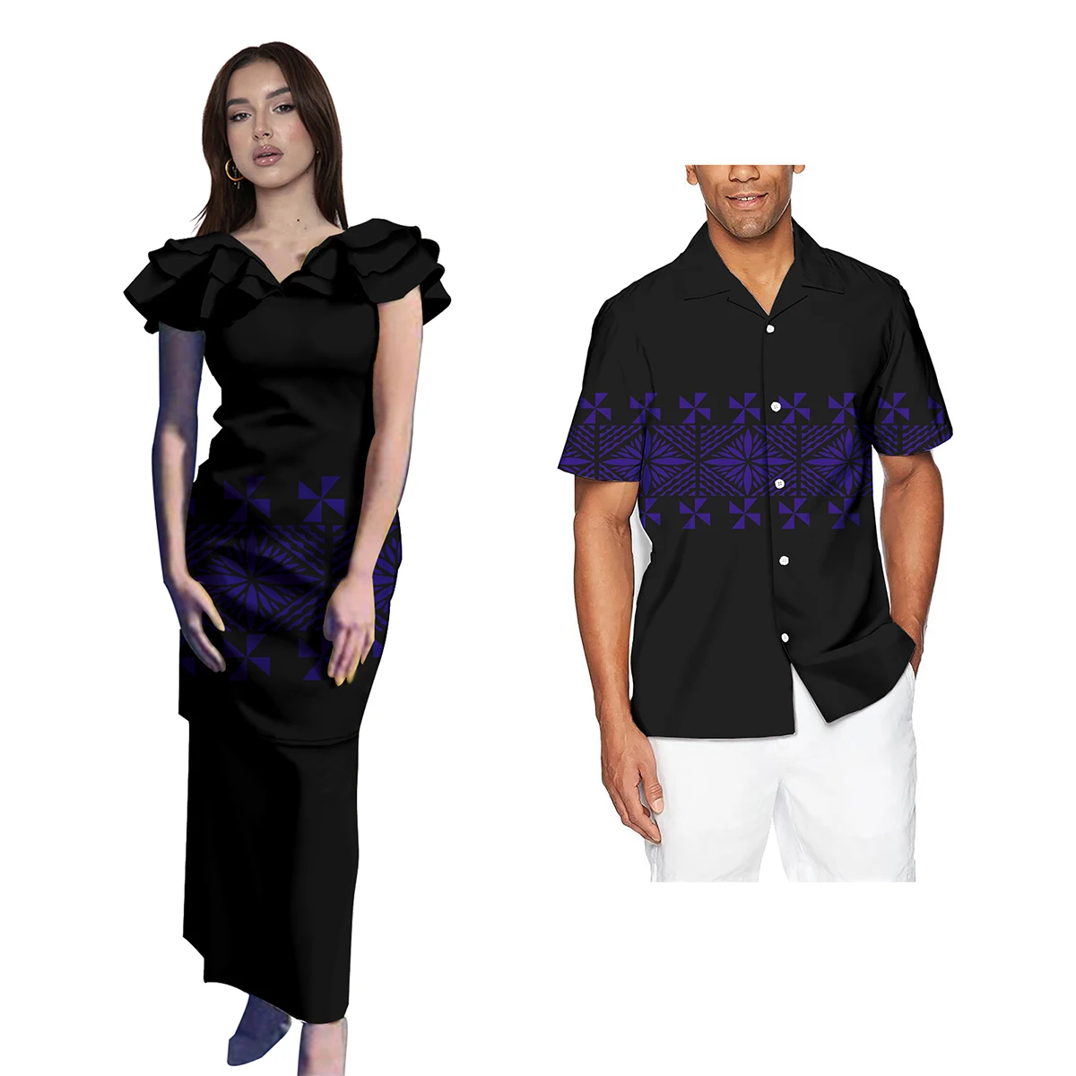 Low MOQ Drop Shipping Polynesian Samoan Tribal Design Custom 2Pcs Set Couple Outfits Women Dresses Men Short Sleeve Shirt