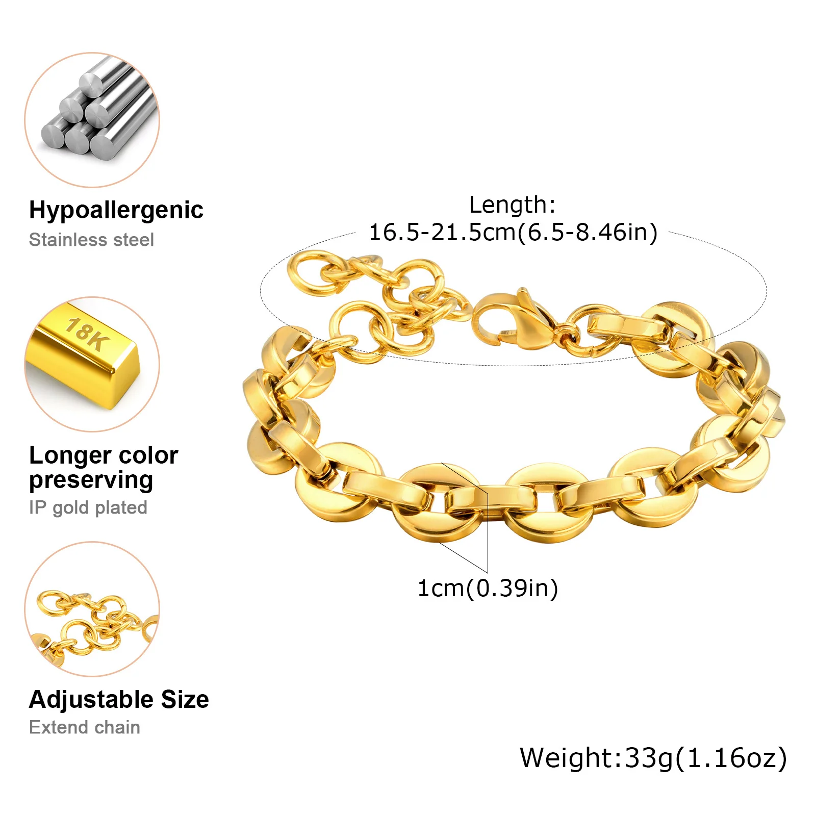Link Chain Bracelets for Women, Gold Color Stainless Steel Statement Jewelry, Minimalist Adjustable Bracelets for Female