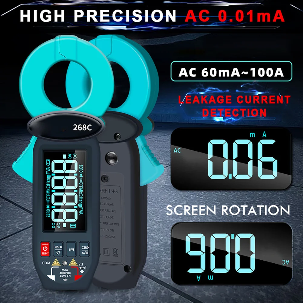 268C Digital Clamp Meter AC 60mA To 100A Leakage Current Tester Pliers Ammeter Measuring Current Voltage Multimeter Tools