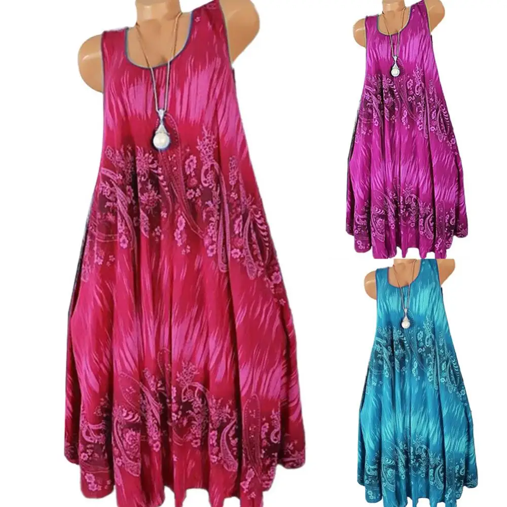 Hot Sales!!! Women Summer Floral Print Round Neck Sleeveless Loose Pleated Plus Tank Dress