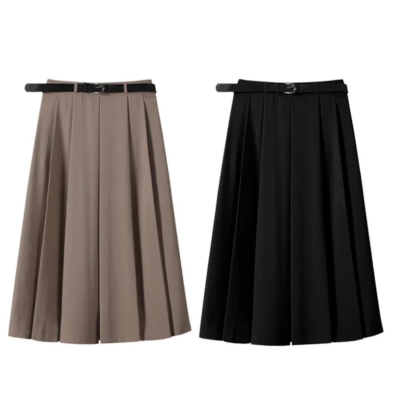 With Belt New Autumn Long Skirts for Women Vintage Harajuke High Waist Slim Solid Pleated Skirt Y2k Clothes