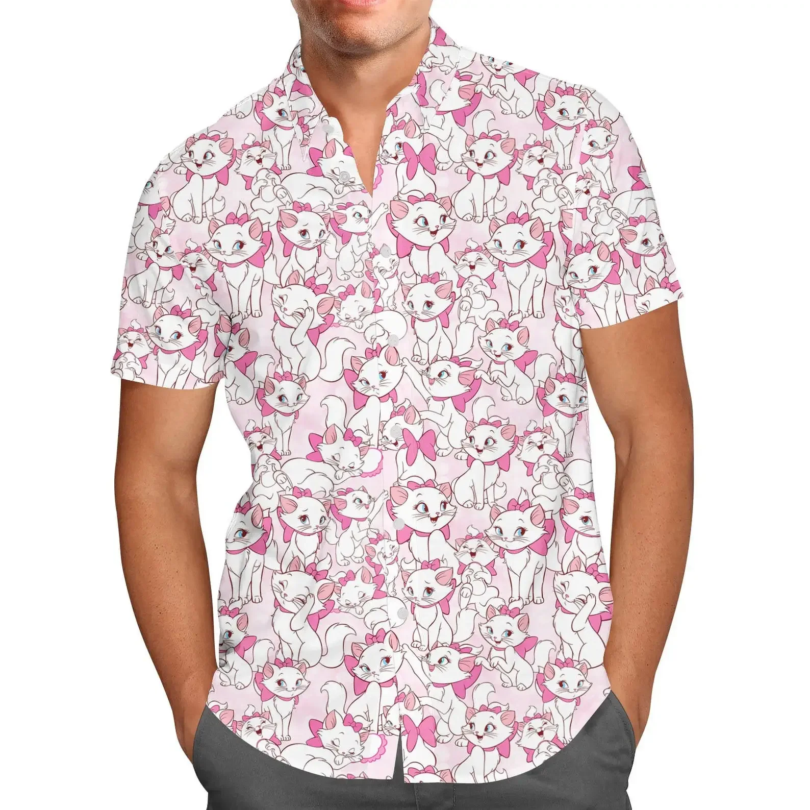 

Marie with Her Pink Bow Hawaiian Shirt Disney Hawaiian Shirt Men's Fashion Button Short Sleeve Shirt Marie Cat Hawaiian Shirt