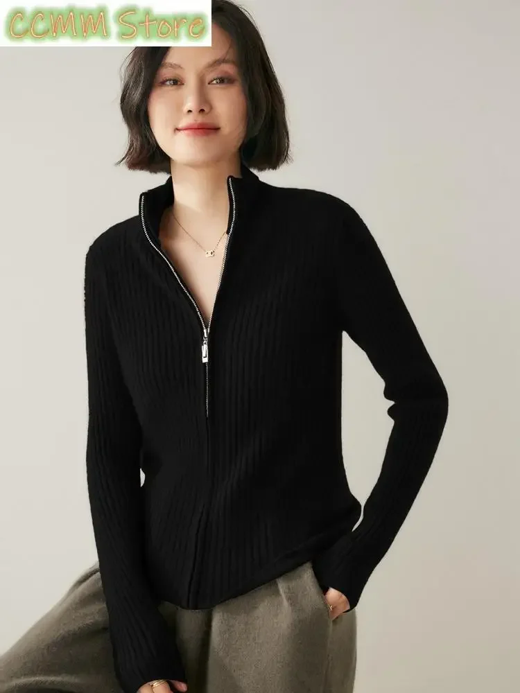 

New Cashmere Sweater Women Zipper Cardigan Slim Turtleneck Autumn Winter Soft Warm Clothing Korean Popular Tops
