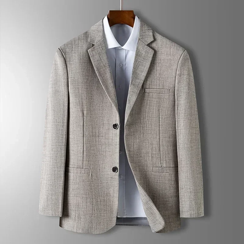 Spring Autumn Men\'s Blazer Thin Section Slim Fit Plaid Jacquard Casual Suit Jacket Gray Blue Beige Coat Costume Homme