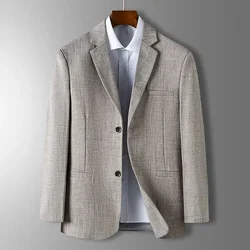 Spring Autumn Men's Blazer Thin Section Slim Fit Plaid Jacquard Casual Suit Jacket Gray Blue Beige Coat Costume Homme