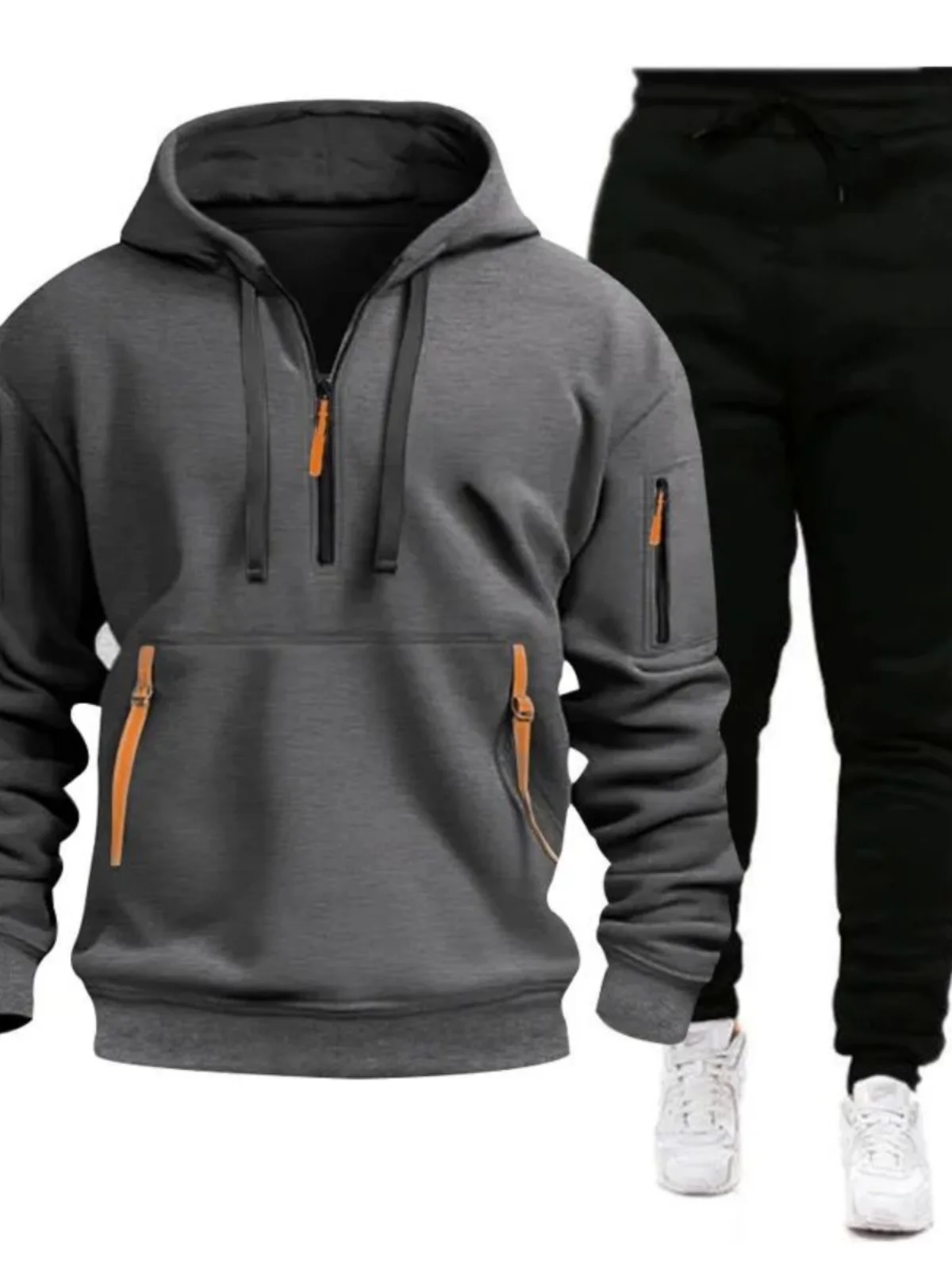 

Hooded Casual Set Men's Long Sve Seven-Piece Pants Polyester Fiber Contrast ket Color Colion Streetwear Autumn Outfit