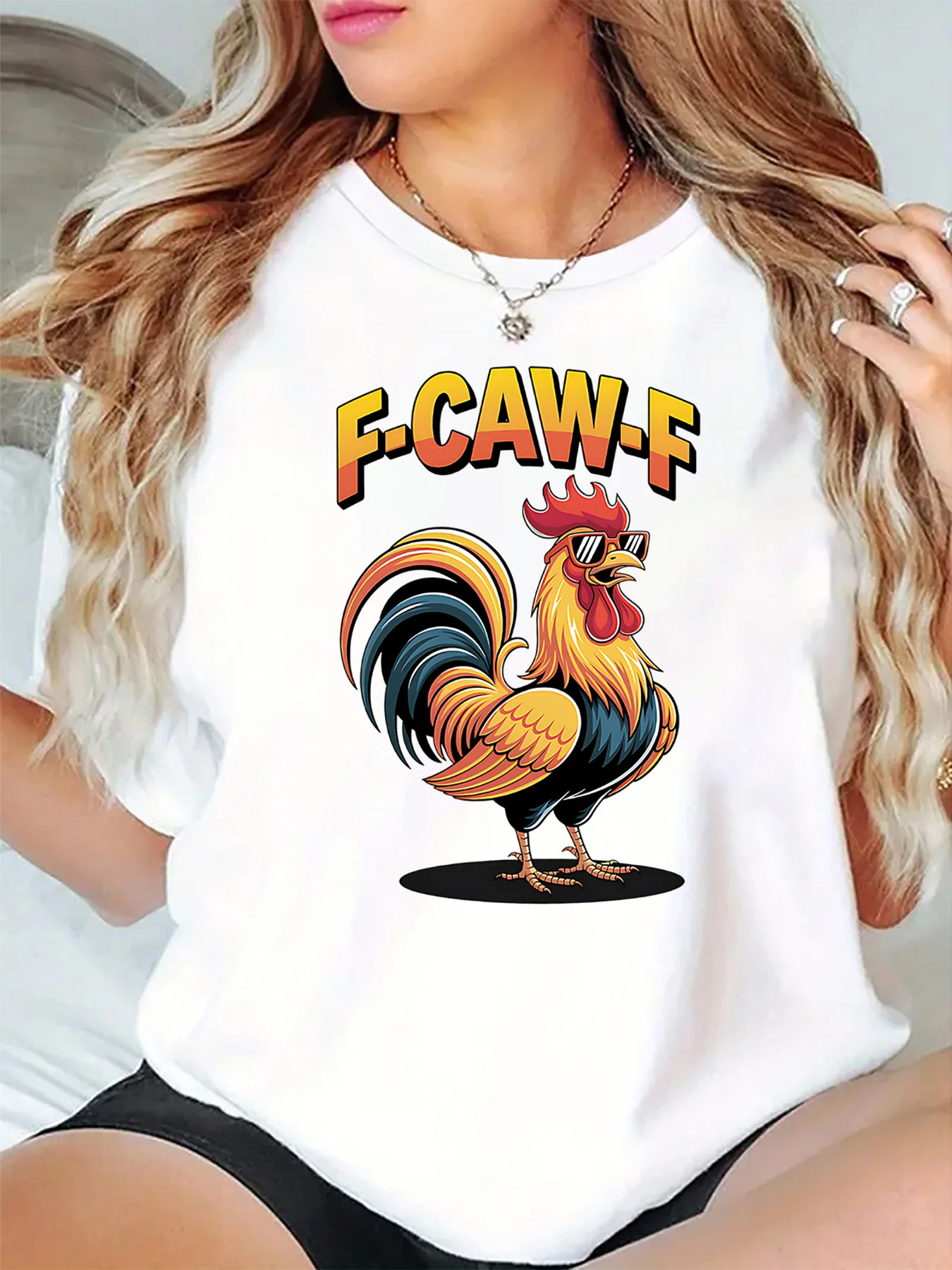 Cool Rooster Wearing Sunglasses F Caw F Funny Cartoon Graphic Womens T Shirt Short Sleeve Crew Neck Casual Ladies Tee Tops
