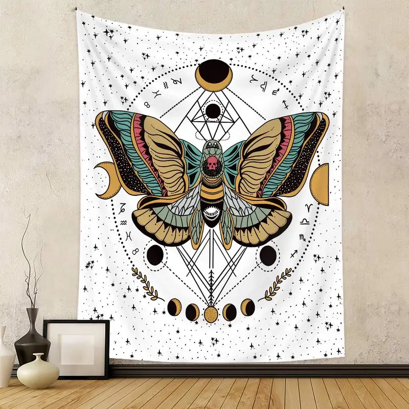 VIKAMA Moon Phase Moth Tapestry Boho Witchy Wall Hanging Celestial Star Zodiac Geometry Aesthetic Bedroom Dorm Room Decor