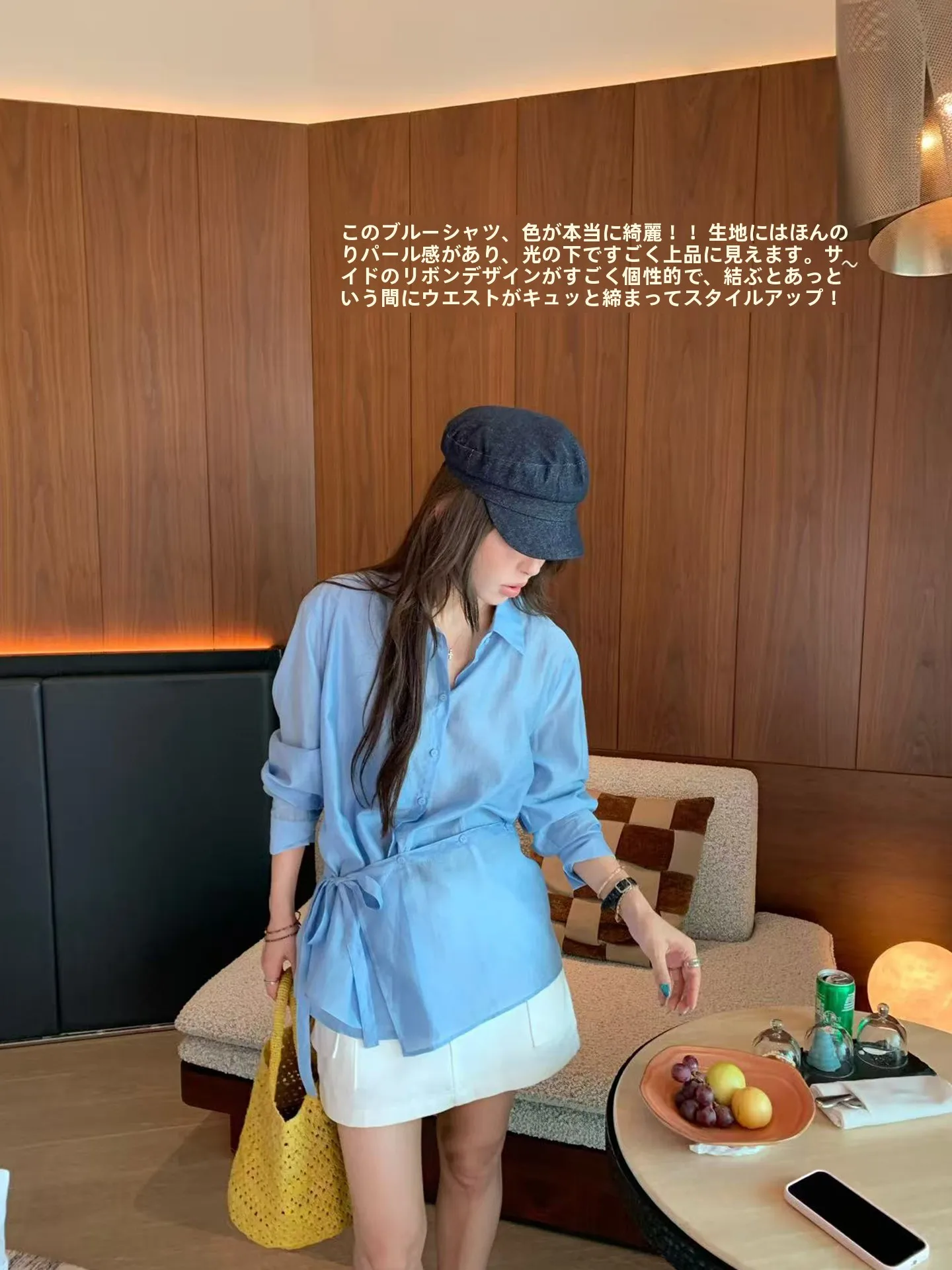 

Side-Tie Shirt Lustrous Fabric Casual Style Women's Short Sleeve Button-Up Shirt Glowing Pearl Feel Fashionable Knot