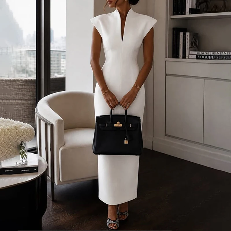 OMSJ Solid Temperament Dress Women Sleeveless Slim V Neck High Waist Vestidos Elegant Formal Party Outfit Chic 2026 New Arrivals