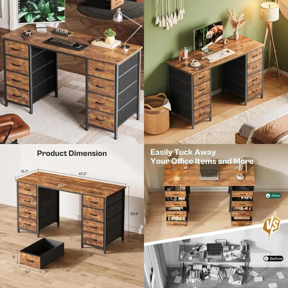 

47 Inch Computer Desk with 8 Fabric Drawers, Office Desk Work Desk for Home Office, Study, Gaming Desk with Drawers, Large Stora
