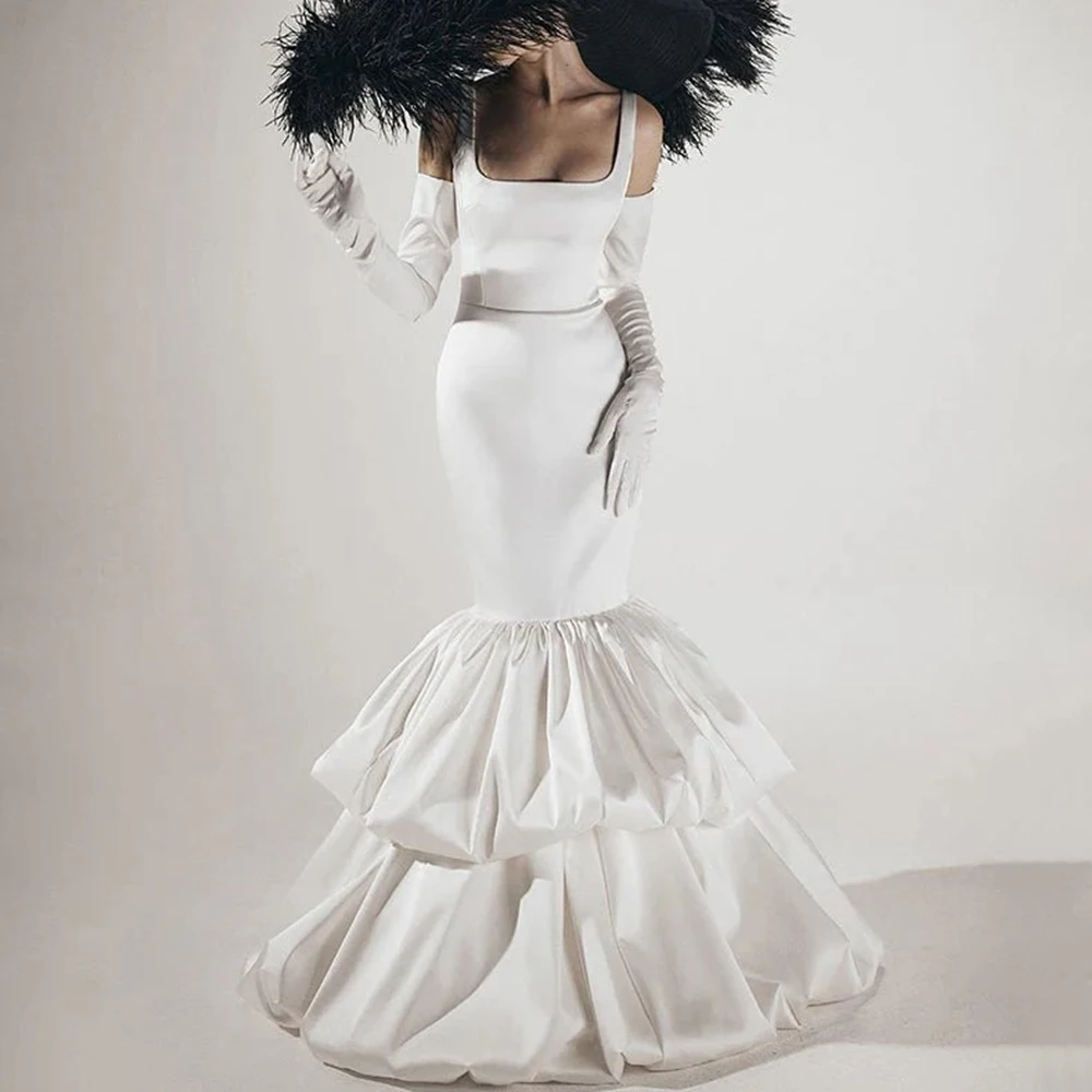 

Minimalism Customized Wedding Dress Square Collar Sleeveless Mermaid Tiered Floor Length Sexy Backless Bride Zipper Gowns