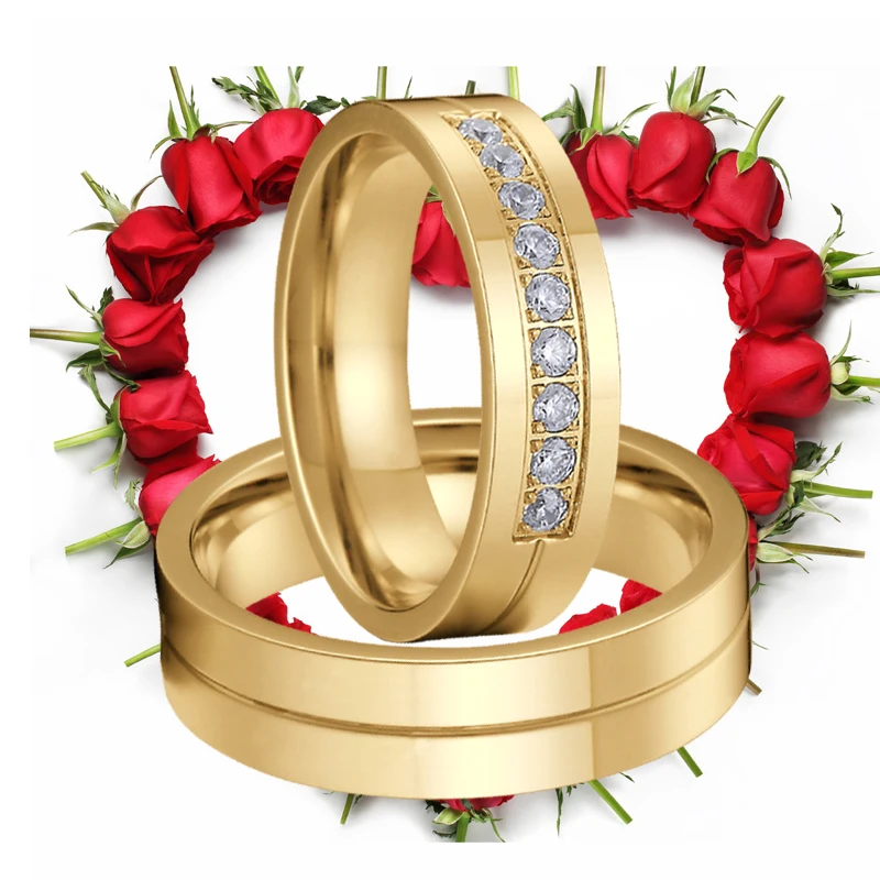 

Couple Wedding Rings Men and Women Pure Handmade Alliances 316L Stainless Steel Rings 18k Gold Plated Jewelry Bridal Sets