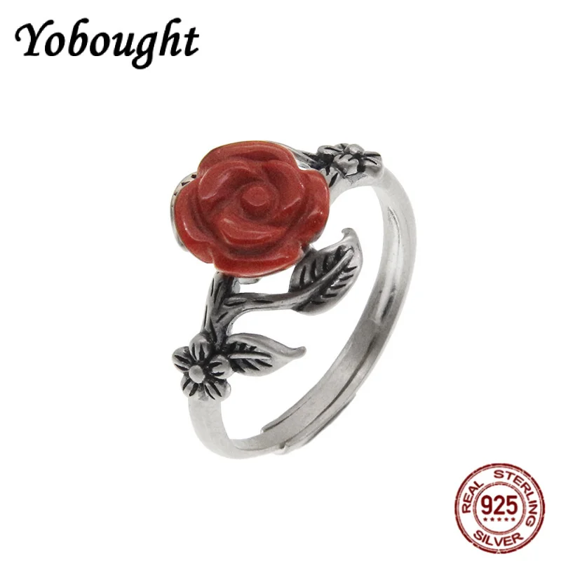 

S925 Pure Silver Charming Rose Ring With Retro Original Design Natural Agate Relief Flower Fashionable Jewelry For Women