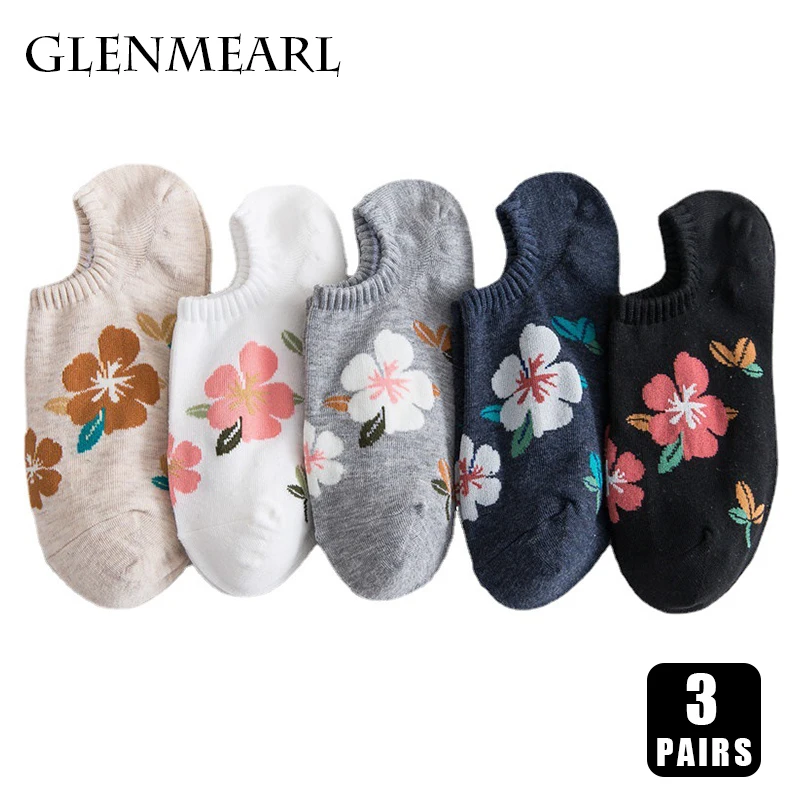 3 Pairs Women High Quality Invisible Casual Shallow Mouth Ankle Spring Flower Fashion Female Low Cut Cotton Short Sock