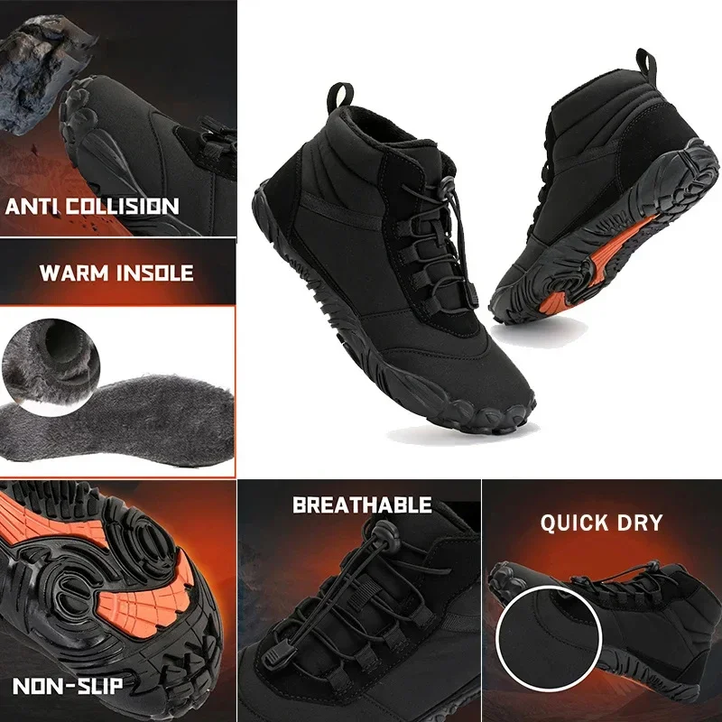 2025 Men Winter Barefoot Snow Boots Women Warm Fur High Ankle Boots Non-slip Outdoor Hiking Shoes Quick Dry Cotton Shoes 36-47