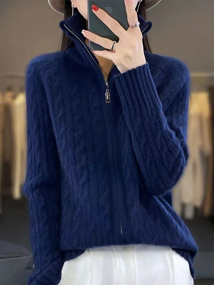 

Women's Knitted Open Cardigan Coat Spring Autumn New Loose Twist Zipper Long Sve Faion Top Stand Collar Thiened Commut...