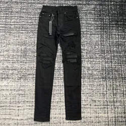 men ribbed leather patch distressed skinny black jeans