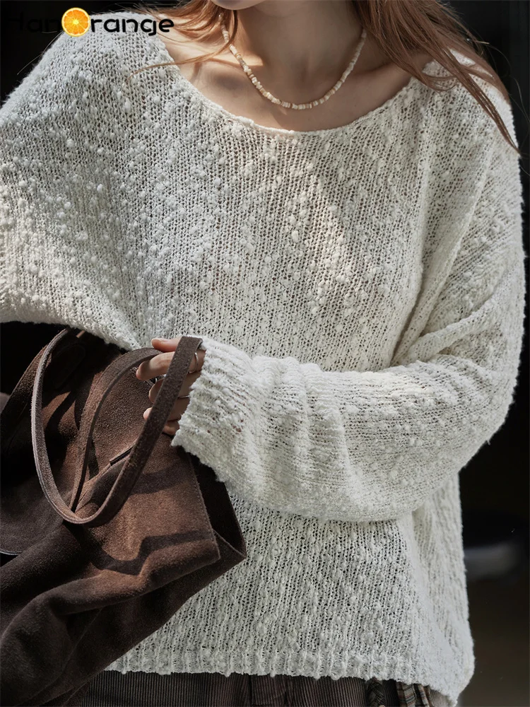 HanOrange 2025 初秋怠惰なリラクゼーション粒子テクスチャセーター女性柔らかい肌に優しいニットトップホワイト/グレー
