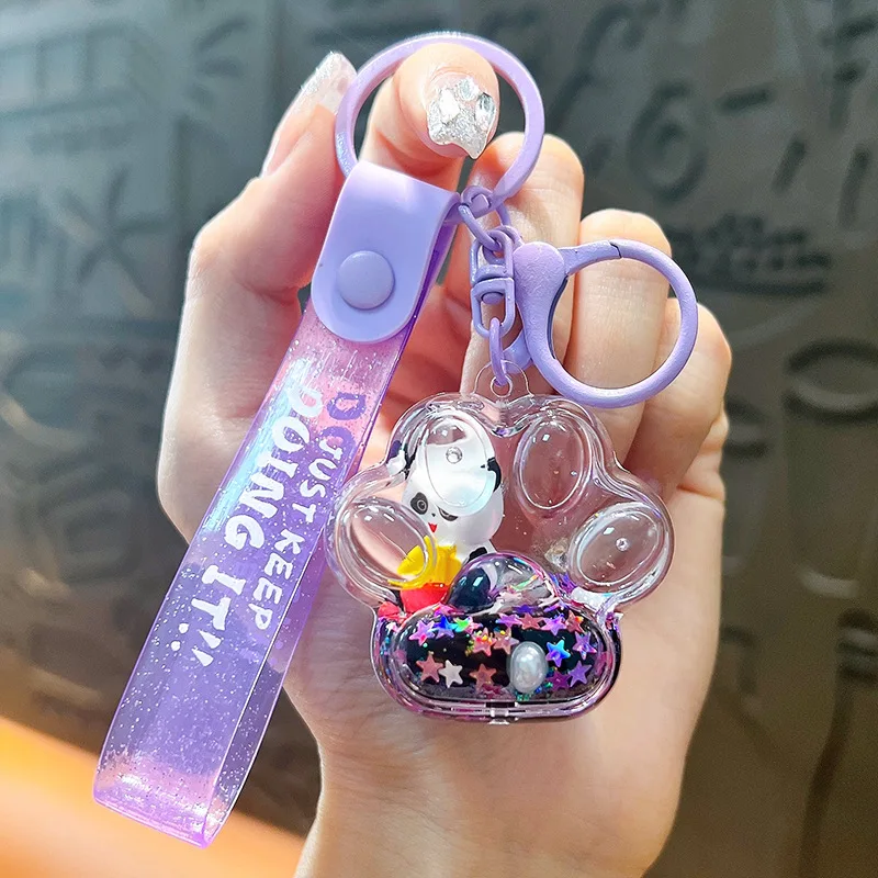 Cute Bubble Tea Cup Quicksand Bottle Panda Drink Milk Key Chain Floating Pearl Sequin Panda Head Bottle Eat Fries Liquid Keyring