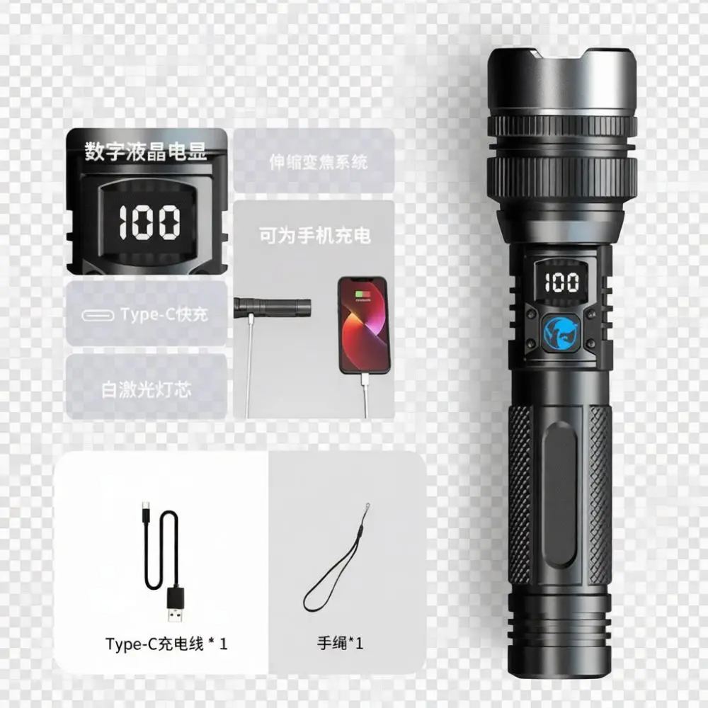 高耐久性led懐中電灯、充電式、タクティカル仕様、アルミニウム合金製、防水、屋外でのパトロール、キャンプ、ハイキングに最適。