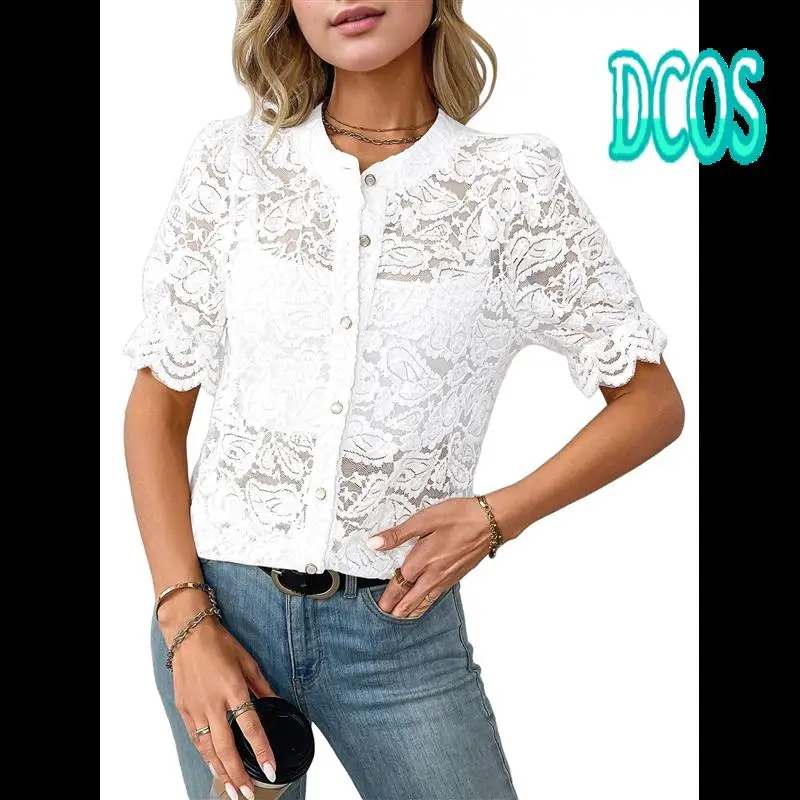 

DCOS-Womens Lace Short Puff Sleeve Casual Eyelet Crew Neck Button Down Shirts