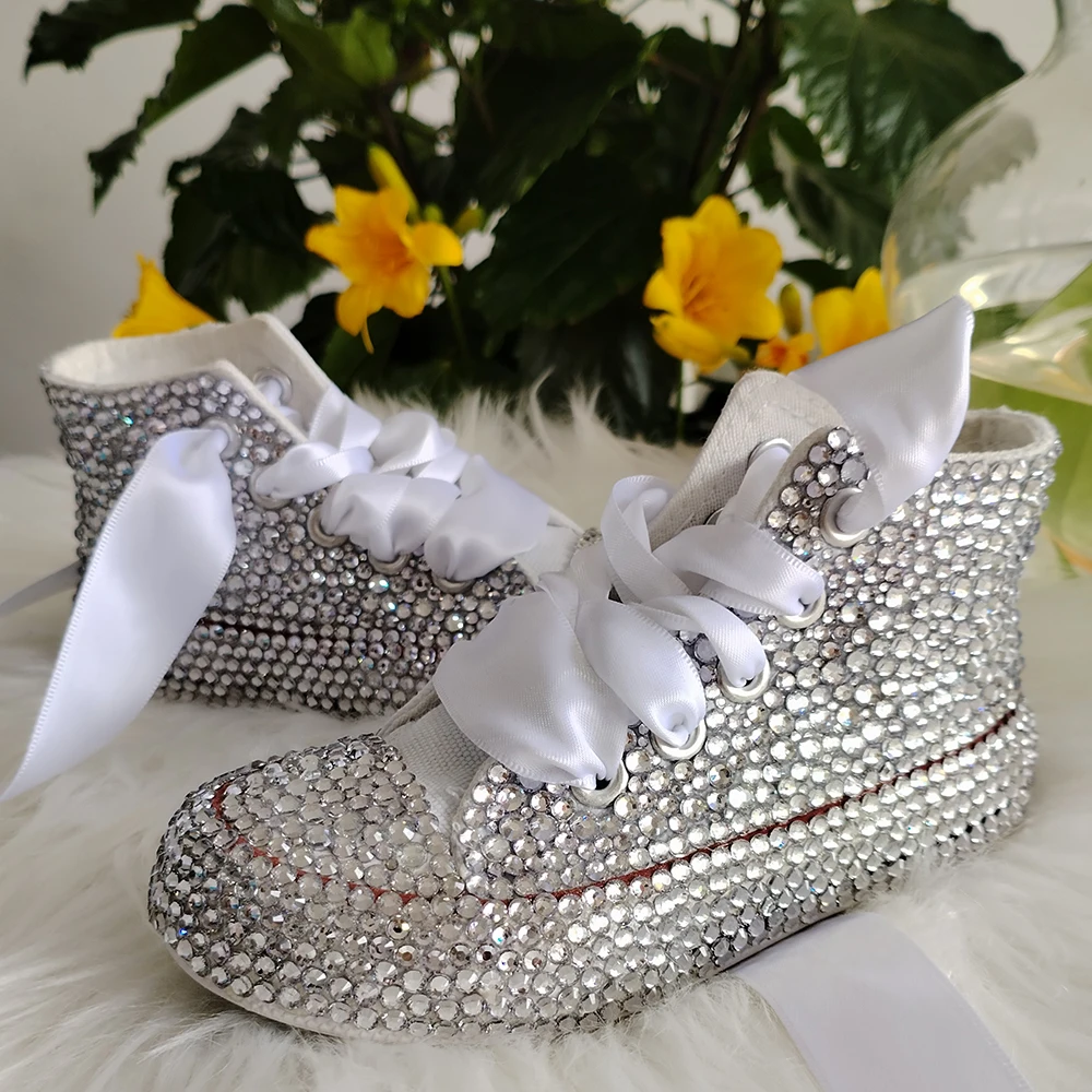 Handmade Rhinestones Bling Girls Womens Kids And Mother Candy Canvas Shoes Pearls Sneakers For Girl Birthday Party Wedding