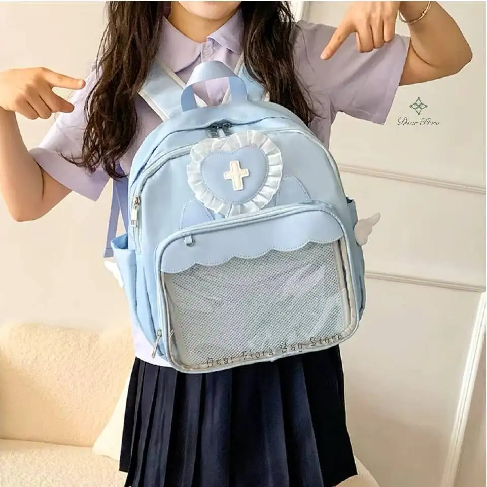 

New Cute Wing Cross Ita Backpacks Y2K Large Capacity Knapsack Lolita Girl Transparent Schoolbag outdoor Bookbag Travel Rucksack