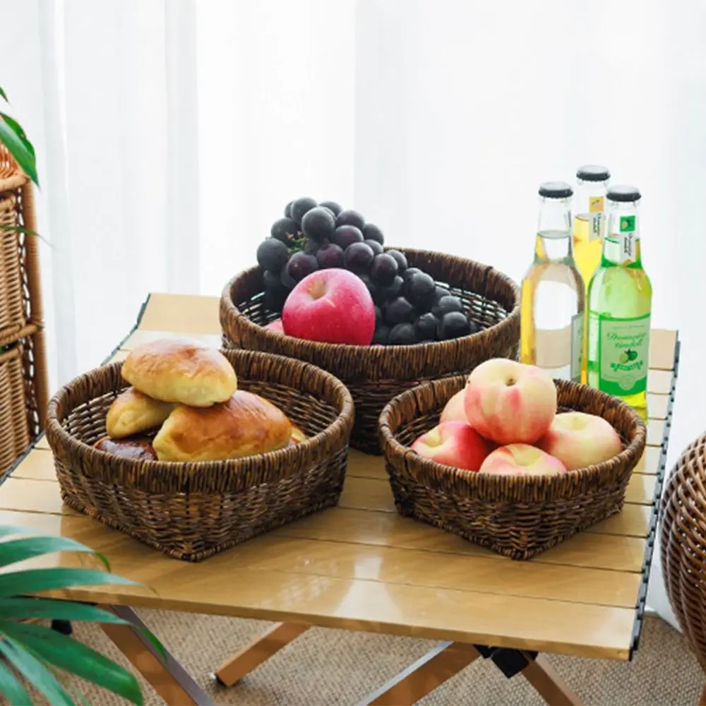 

Multifunction Storage Basket Round Fruit Vegetables Bread Faux Rattan Weaving Basket Yellow Brown Durable Flower Basket