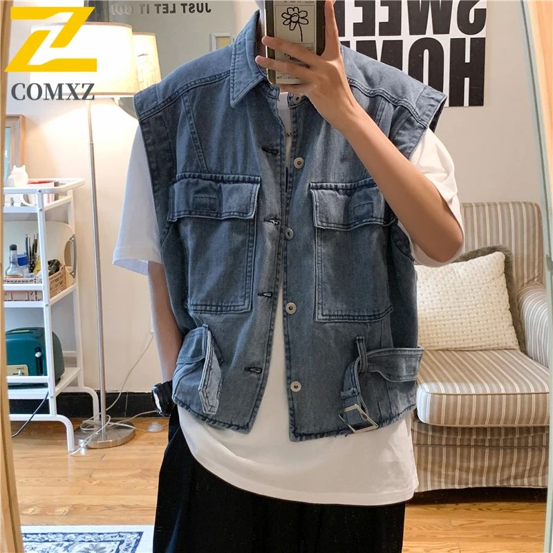 الرجال الكورية نمط المتضخم سترة جينز الصيف غسلها عمال جاكيت بلا إكمام خمر المتعثرة ملابس الشارع الشهير طبقات #3