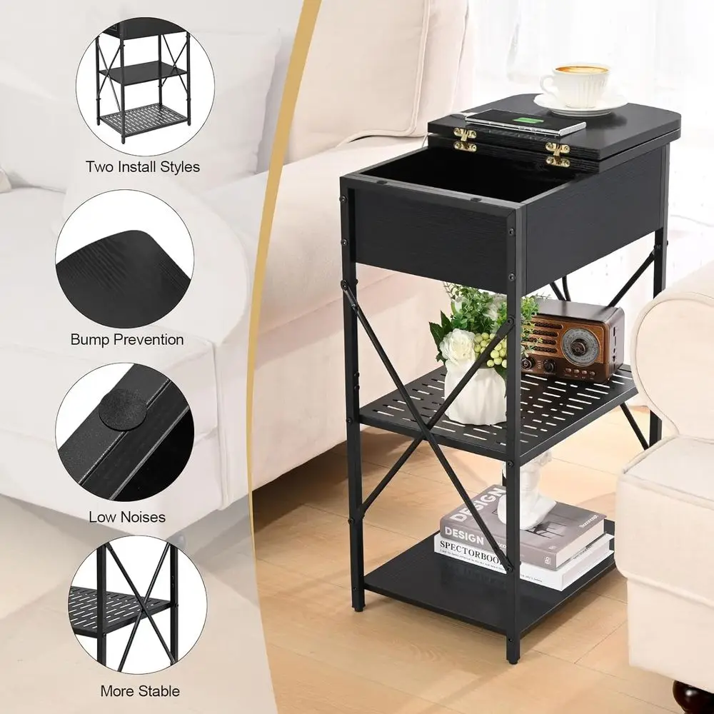 Charging Station End Table, USB & AC Outlet Side Table, Flip Top Storage End Table, Living Room Black Side Tables, Bedroom Drawe