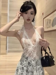 Halter Lace Tank Top Women Sleeveless Basic Bandeau Top With Straps Sexy Backless Female Long Shirt Korean Fashion White New