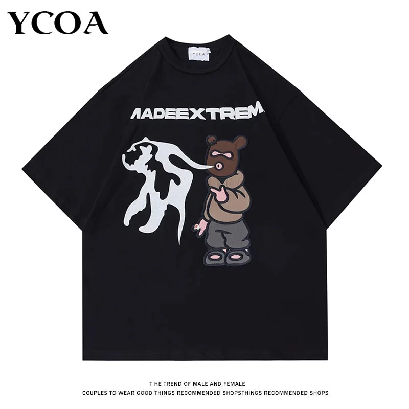 Men T-Shirt Streetwear Funny Bear Robber Harajuku Hip Hop Oversized Printed Cotton Black Tops Tee Graphic Y2k Aesthetic Clothing