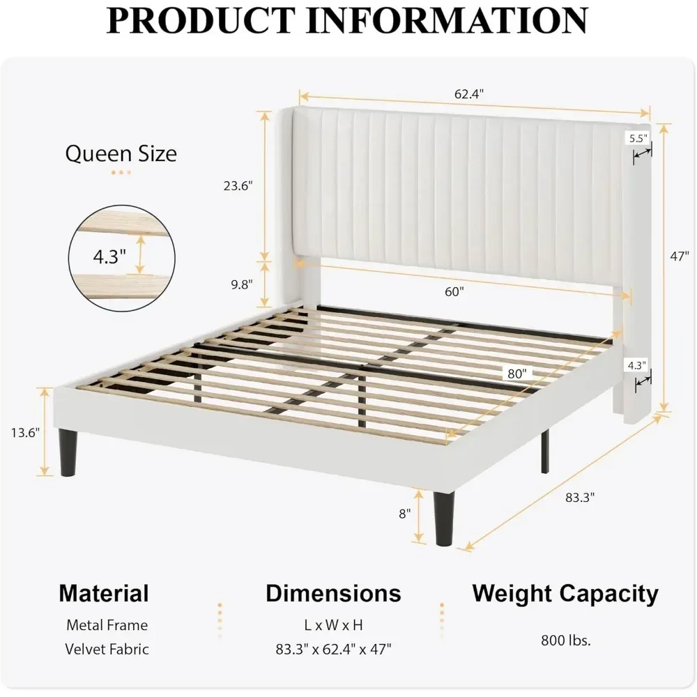 Velvet Bed Frame with Vertical Channel Tufted Wingback Headboard, Upholstered Platform Bed with Wood Slats, No Box Spring