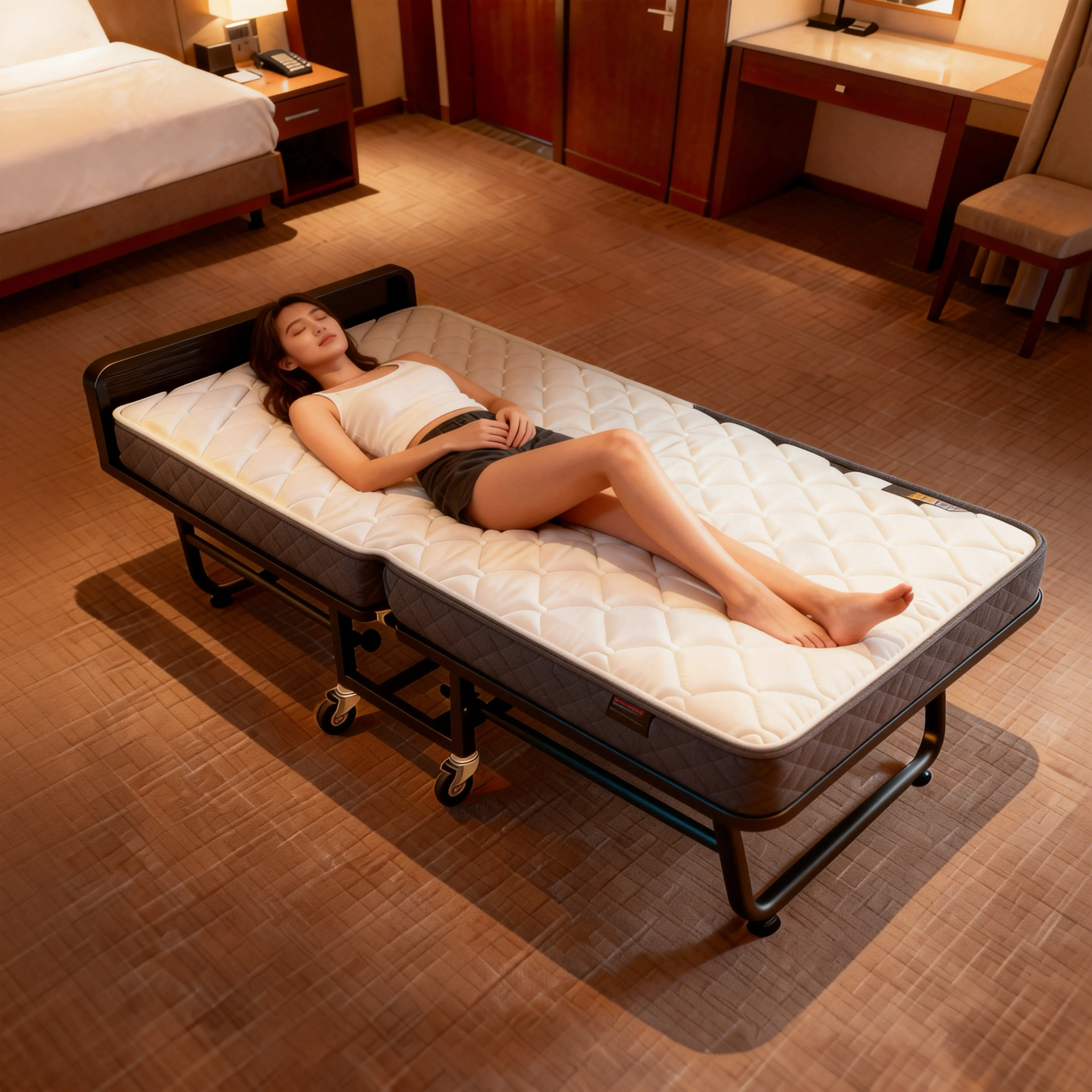 Hotel extra bed folding bed single metal bed frame space saving turn over silent load bearing 250kg