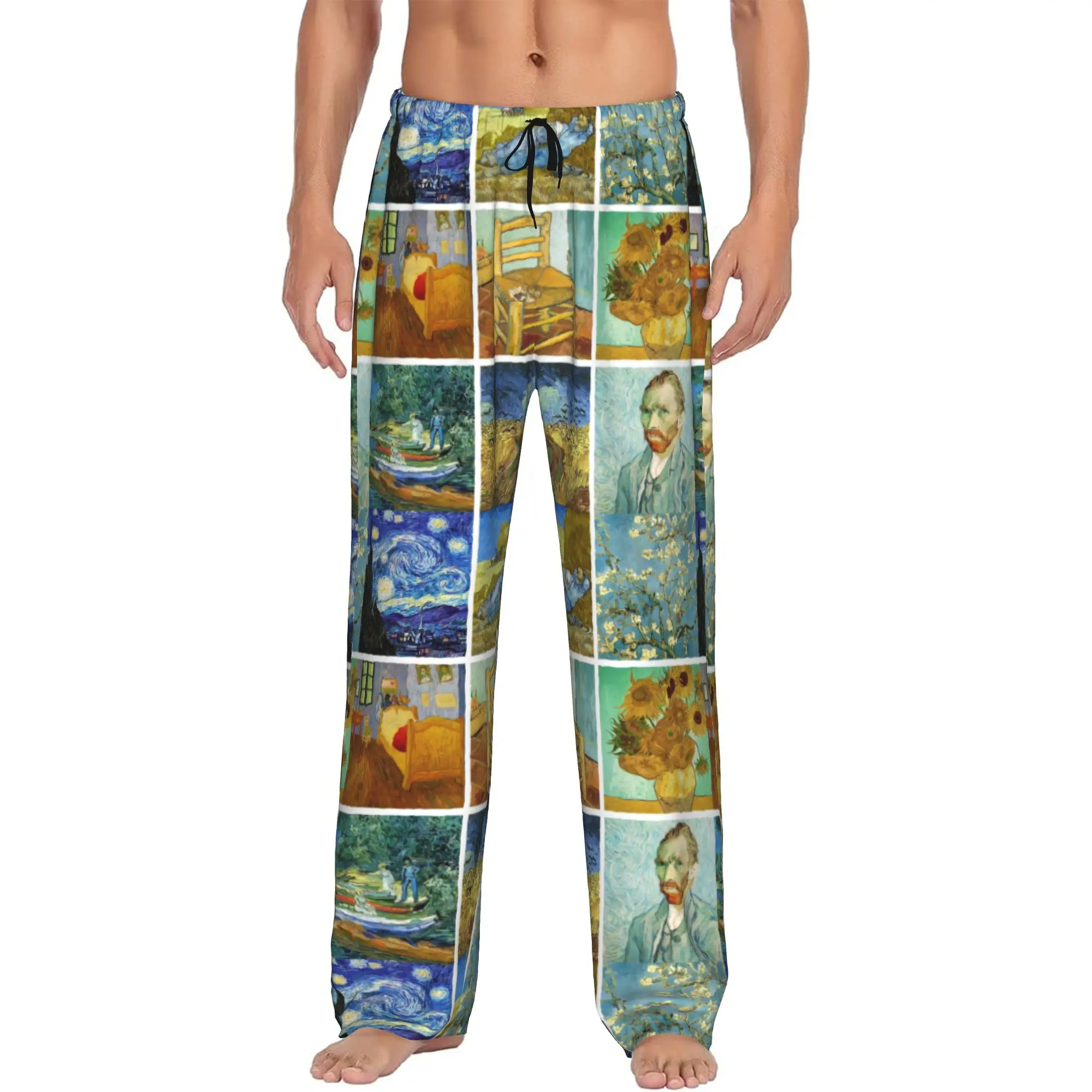 Custom Vincent Van Gogh Works Pajama Pants Sleepwear Men's Elastic Waistband Art Painting Sleep Lounge Bottoms with Pockets