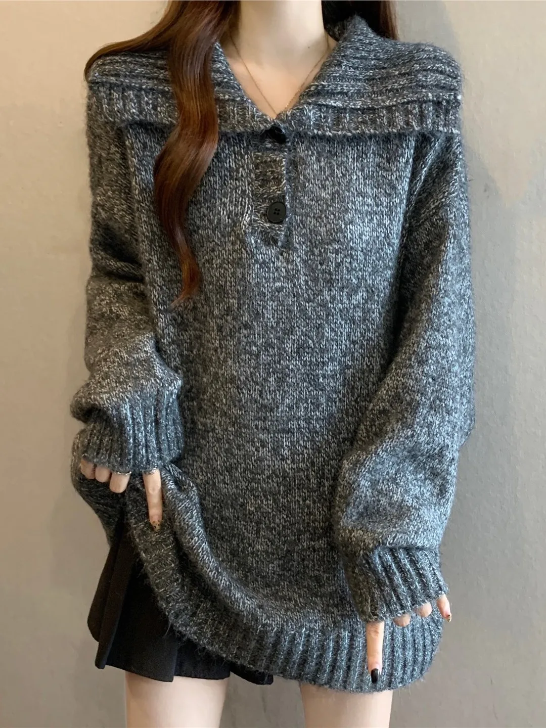 

Элитный вязаный свитер с окрашенным воротником, свободного кроя, женский, осенне-зимний, больших размеров, комфортный, удлиненный, для полных женщин...