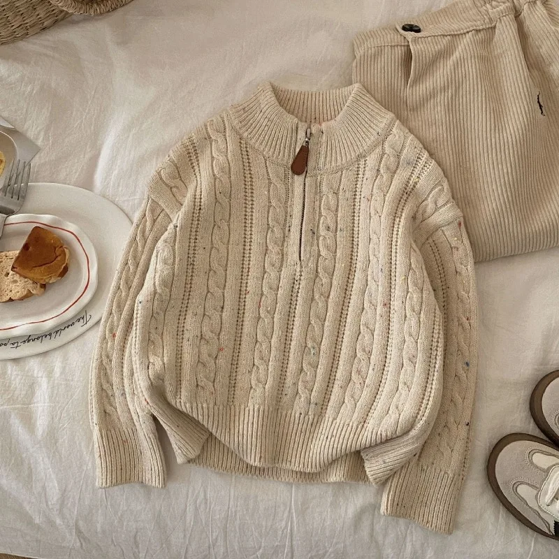 2026 New Winter Children's Sweater Color Dot Unisex Sweater Half Zip Fried Dough Twists Pullover Autumn Kids Versatile Sweater