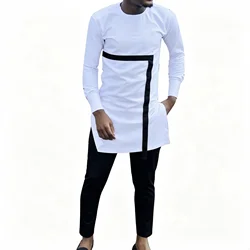 Men's Patchwork Shirt White Long Sleeve Tops+Dashiki Trousers Custom Pant Suits African Print Party Wear