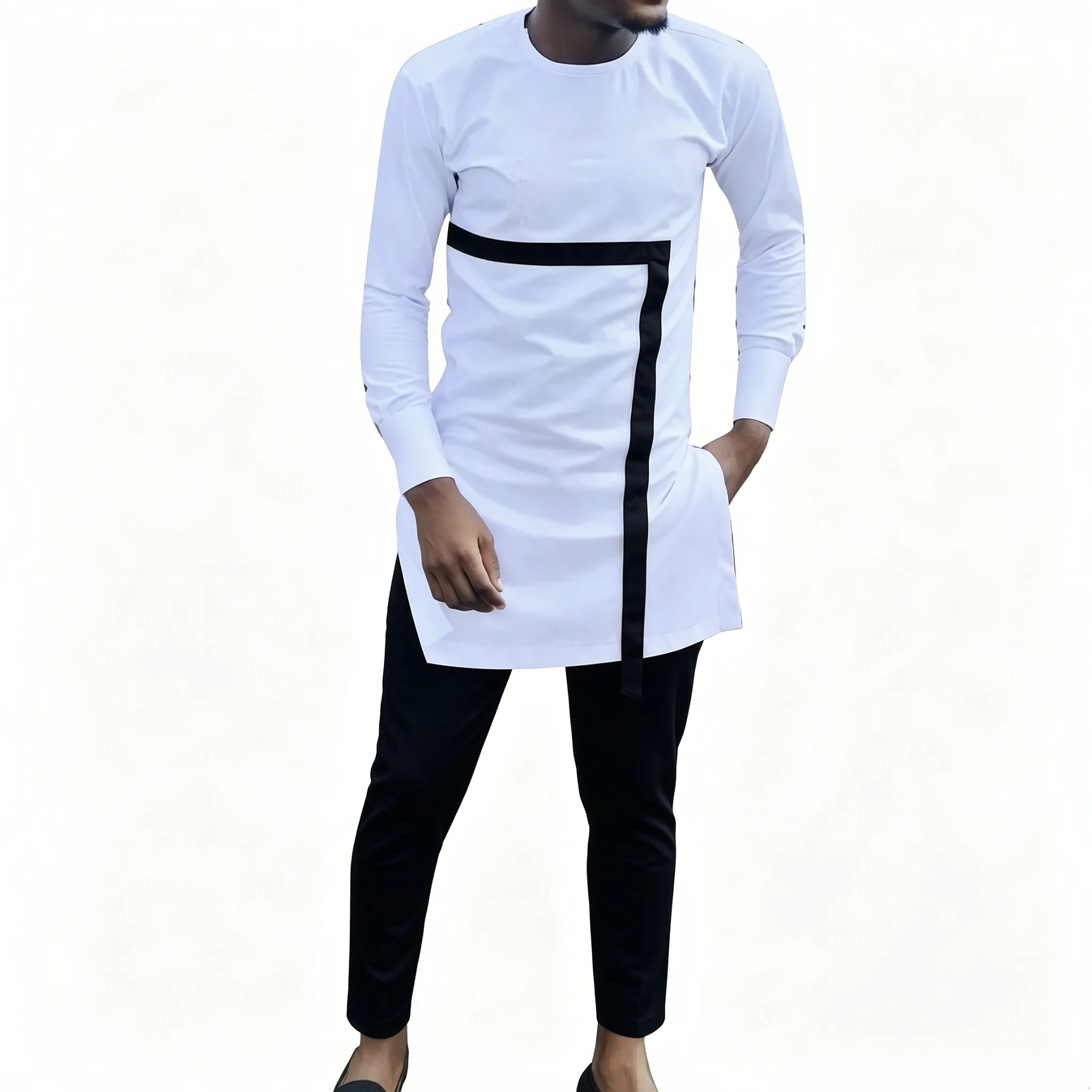Men's Patchwork Shirt White Long Sleeve Tops+Dashiki Trousers Custom Pant Suits African Print Party Wear