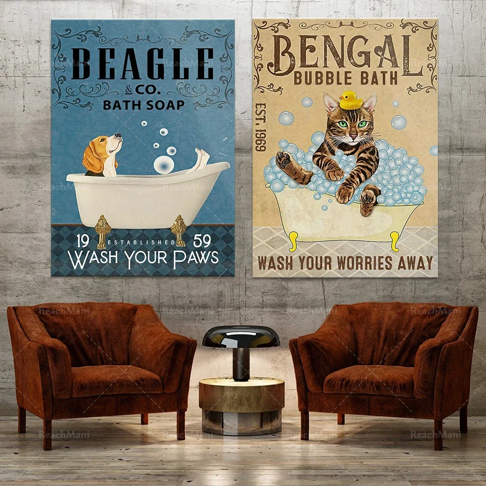 Beagle & Co bath soap was established in 1959 to wash your paws, Bengali bubble bath est 1969 wash away your troubles poster dec