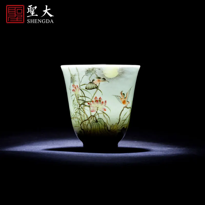 |kung fu tea master cup pure hand draw pastel lotus pond moonlight gather fragrant cup of jingdezhen tea service by hand