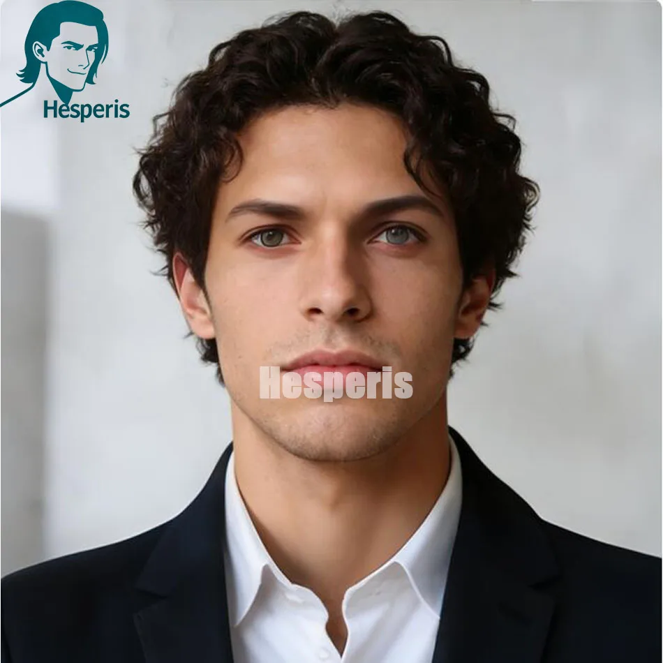 

Мужской парик Hesperis из натуральных волос, коричневый, кудрявый, с кружевной передней частью, с глубоким пробором, бразильские волосы Реми, короткая стрижка пикси для мужчин