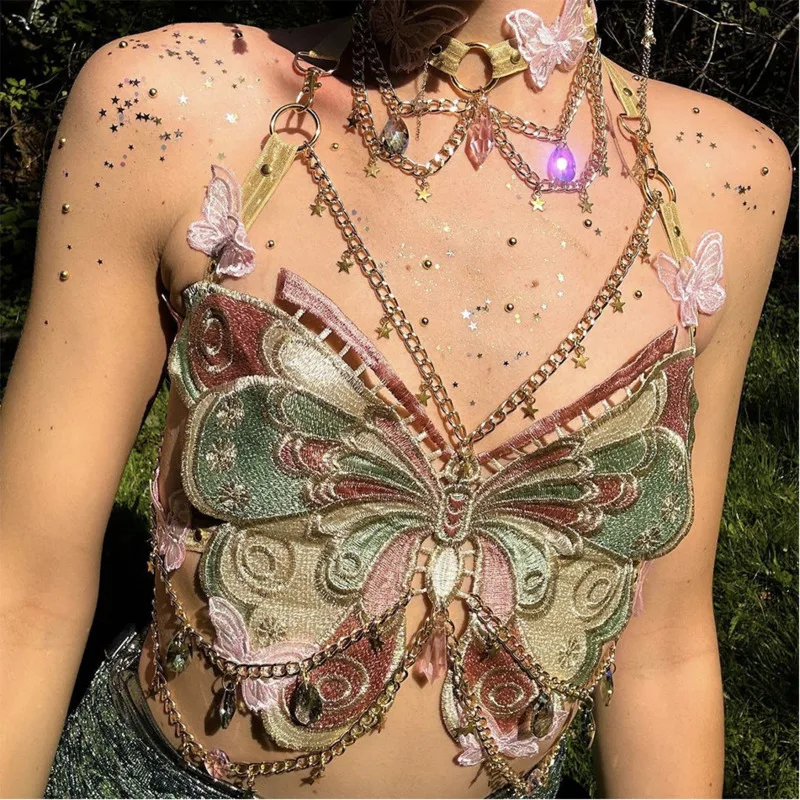 Embroidered Butterfly Patchwork Strap Top Sexy Metallic Crystal Pendant Ultra-Short Strap Fashion High Street Style Women's Top