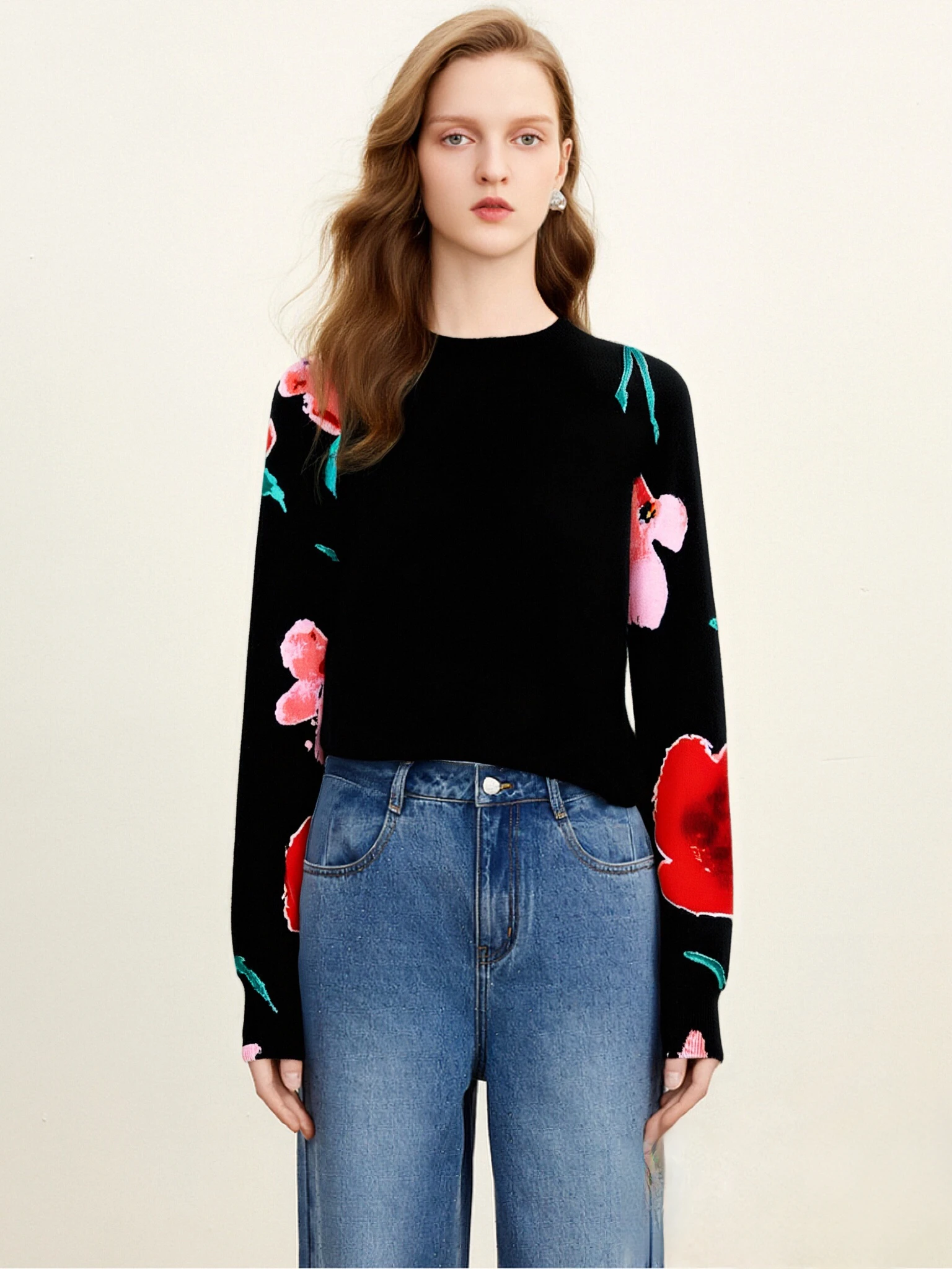 

Оригинальная женская трикотажная рубашка в испанском стиле, повседневный лоскутный свитер свободного кроя с длинными рукавами и цветочным принтом, новый стиль 2025 г.