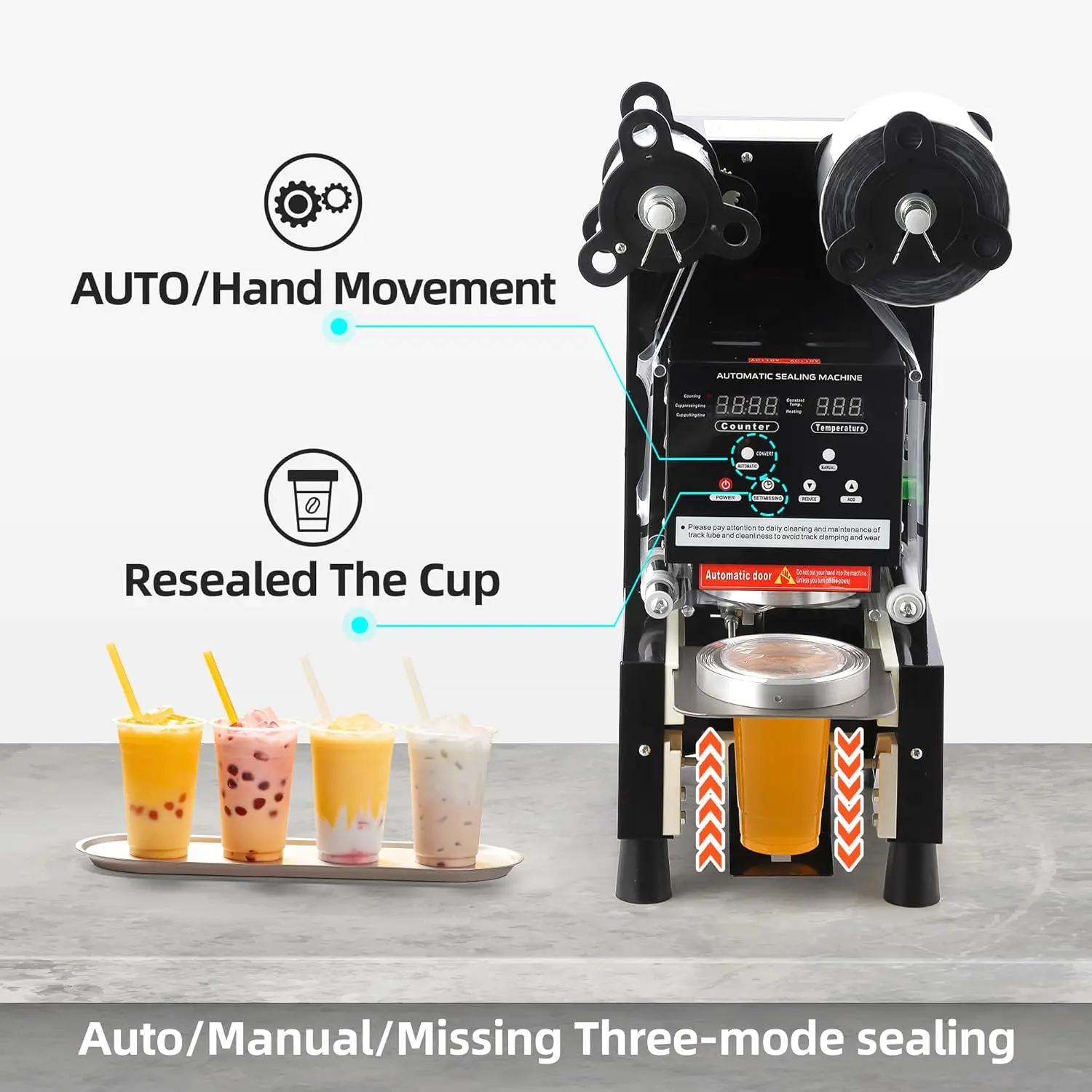 商業用カップシーラー 90/95mm デジタル制御カップカウンター 漏れ防止デュアルモード 500-650カップ/時間 バブルティーコーヒーショップ用