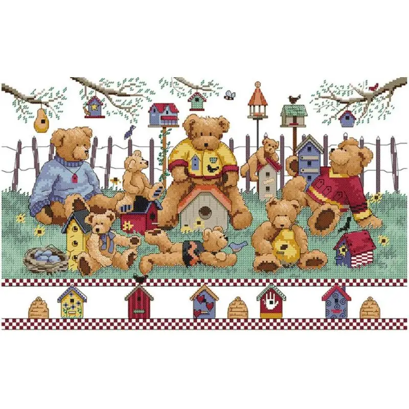 Bear Party Cartoon Cross Stitch Kit 14ct White Cloth 16ct 11ct Print Fabric Needle and Thread Embroidery Set DIY Kids Room Decor